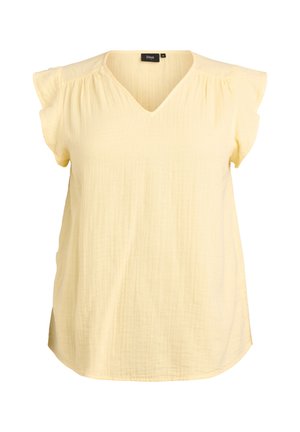 Svetložltá blúzka s krátkym rukávom a výstrihom do V, s jemnými sklady na ramenách, vyrobená z textúrovaného ľahkého materiálu.