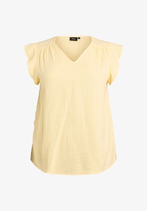Blouse courte à manches courtes jaune clair avec encolure en V et fronces subtiles aux épaules, réalisée en tissu léger texturé.