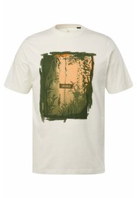 Camiseta de algodón color crema con un gráfico cuadrado en verde y naranja que presenta la palabra "UNTAMED" y ilustraciones de plantas. Mangas cortas.