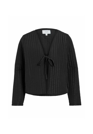 Cardigan quiltato nero con chiusura a cravatta davanti. Presenta maniche lunghe e un design a scollatura a V, che mette in mostra un motivo testurizzato.