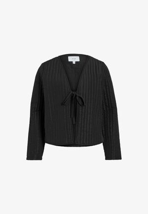 Cardigan quiltato nero con chiusura a cravatta davanti. Presenta maniche lunghe e un design a scollatura a V, che mette in mostra un motivo testurizzato.