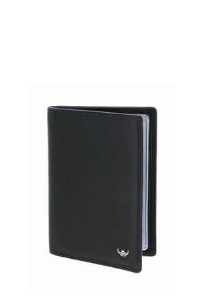 Black bi-fold leather wallet with a small silver emblem on the lower right corner and visible clear plastic card sleeves inside.