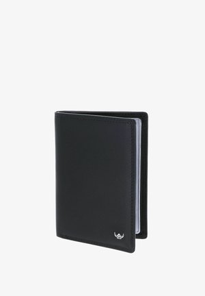 Black bi-fold leather wallet with a small silver emblem on the lower right corner and visible clear plastic card sleeves inside.