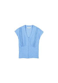 Blusa azzurro chiaro a maniche corte in pizzo con scollo a V, bottoni rivestiti in tessuto sul davanti e dettagli in pizzo verticale sui pannelli frontali.