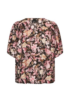 Schwarze Bluse mit kurzen Puffärmeln und rosa, beigem und weißem Blumenmuster, das den gesamten Stoff bedeckt.