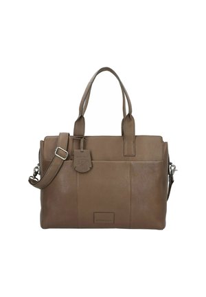 Borsa a tracolla in pelle marrone con doppi manici, tracolla removibile, finitura testurizzata, tasca frontale e etichetta del marchio in rilievo.