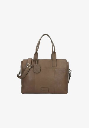 Bruine lederen handtas met dubbele handvatten, afneembare schouderriem, getextureerde afwerking, voorvak en gegraveerd merketiket.