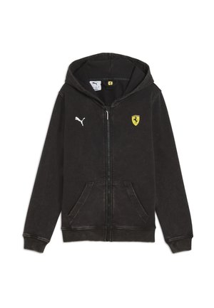 Fekete cipzáros kapucnis felső puha anyagból, kenguruzsebbel, bordás mandzsettákkal, valamint sárga Ferrari logóval és fehér Puma felirattal a mellrészen.