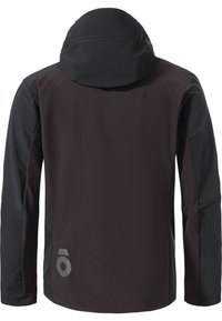 Water-resistant, hooded jacket in black and dark gray with long sleeves, smooth texture, and a logo detail on the lower left.