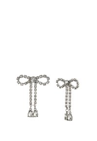 Orecchini argento con un design a fiocco, impreziositi da cristalli trasparenti e con pendenti a goccia.