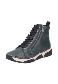 Chaussure haute en cuir vert avec des lacets noirs, fermeture éclair latérale, accents beiges et semelle en caoutchouc texturée. Détails cousus à la pointe.