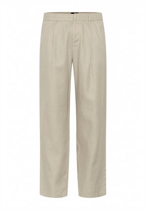 Beige linen trousers with a relaxed fit, featuring a wide leg, elastic waistband, and front pleats. Smooth texture, no visible patterns.