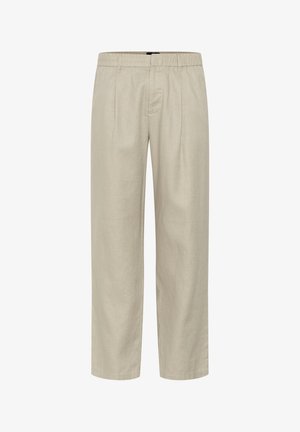 Beige linen trousers with a relaxed fit, featuring a wide leg, elastic waistband, and front pleats. Smooth texture, no visible patterns.