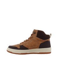 Brown suede and leather mid-top sneakers with brown accents, round toe, metal eyelets, and textured rubber outsole. Lace-up design.