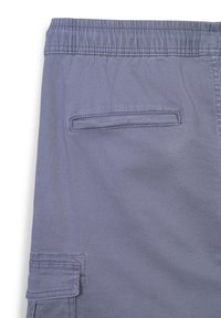 Graue Stoffshorts mit einem elastischen Bund, ausgestattet mit einer hinteren aufgesetzten Tasche und einer seitlichen Cargo-Tasche, glatte Textur und lässiges Design.