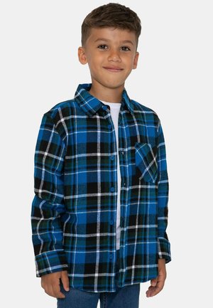 Blauw en zwart geruit flanellen shirt met een kraag, lange mouwen, een zak op de linkerborst en een knoopsluiting aan de voorkant. Zachte textuur.