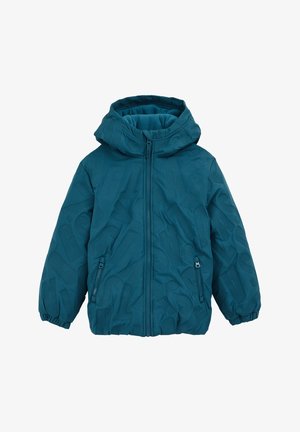 Melsvai žydra pūkinė striukė su gobtuvu, su tekstūruotu dizainu ir dviem užtrauktukais uždaromomis šoninėmis kišenėmis. Elastingos rankogaliai ir apatinė dalis užtikrina saugų prigludimą.