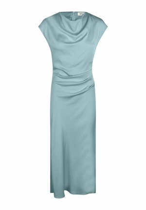 Lyseblå ærmeløs satin midi-kjole med draperet halsudskæring og diskret sidelægning, lynlåslukning på ryggen.