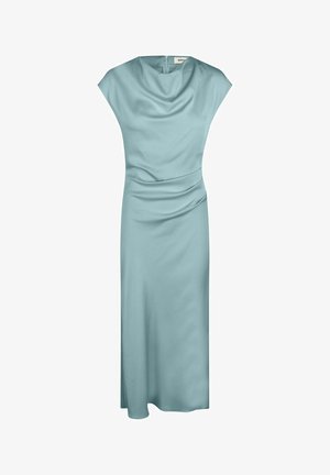 Viegli zilas krāsas satīna midi kleita bez piedurknēm ar drapētu kakla izgriezumu un smalku sānu rušēšanu, aizmugurē rāvējslēdzēja aizdare.