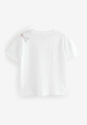 White cotton t-shirt with short sleeves, featuring a small graphic of a bird on the left shoulder. Soft texture, classic crew neckline.