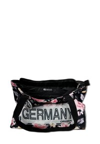 Floral-patterned bag in black and pink, made of fabric, featuring a zipper closure and black straps. Text reads "GERMANY ORIGINAL."