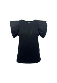 T-shirt nera con maniche corte gonfiate, realizzata in tessuto morbido, con scollatura rotonda e vestibilità aderente per un aspetto contemporaneo.