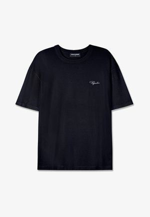 Black cotton t-shirt with a relaxed fit, round neckline, short sleeves, and a small white logo on the chest. Smooth texture.