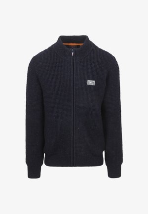 Dunkelblau gestrickte Zip-Up-Cardigan mit Stehkragen, gerippten Bündchen und Saum. Mit einem kleinen Logo-Patch auf der linken Brust.