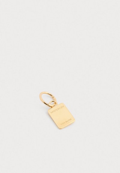 Rechteckiger Goldanhänger mit der Gravur "MYSTERY JOY" und "AU750", angebracht an einem kleinen goldenen Ring auf einem weißen Hintergrund.