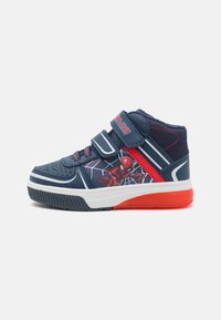 Blue high-top sneakers featuring a Spider-Man graphic, Velcro straps, and a red sole. Textured material with white and red accents.