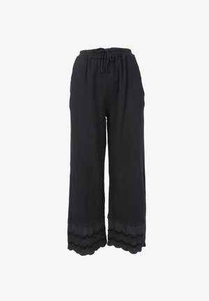 Schwarze, weite Hosen aus strukturiertem Stoff. Mit einem Kordelzugbund und besticktem Spitzensaum am Saum.