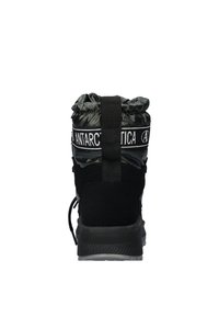 Black insulated winter boot with a glossy foldable top, reinforced heel, and textured sole. Features a strap with "ANTARCTICA" branding.