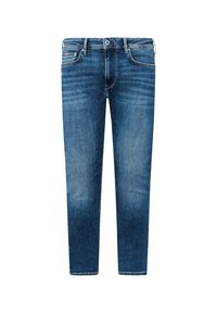 Denim jeans in medium blue with a faded finish. Straight-leg design featuring a button and zip closure, five pockets, and belt loops.