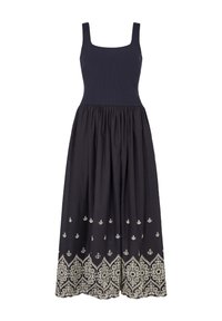 Ärmelloses, marineblaues Baumwollkleid mit tailliertem Oberteil und fließendem Rock. Mit weißen, bestickten Blumenmustern am Saum.