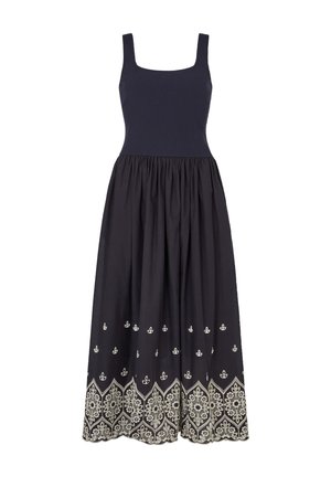 Ärmelloses, marineblaues Baumwollkleid mit tailliertem Oberteil und flie�ßendem Rock. Mit weißen, bestickten Blumenmustern am Saum.