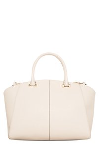 Beige handbag with smooth synthetic leather, rounded shape, dual top handles, zip closure, gold hardware accents, and stitched detailing.