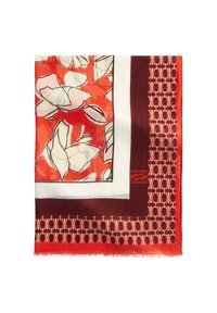 Zijden sjaal met een rood bloemenpatroon op een witte achtergrond, omzoomd met kastanjebruin en een geometrisch patroon met franjes.