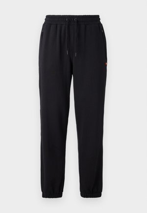 Pantalon de survêtement noir avec une taille élastique, cordons de serrage ajustables, poches latérales et chevilles élastiques. Texture de tissu lisse.