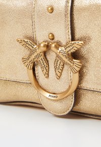 Borsa in tessuto dorato con una chiusura circolare che presenta due motivi a forma di uccelli. Il nome del marchio "PINKO" è visibile sulla chiusura.