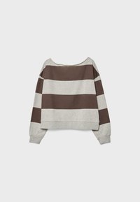 Felpa a strisce grigie e marroni con un design comodo. Presenta maniche lunghe e un collo ampio. Realizzata in morbido cotone.