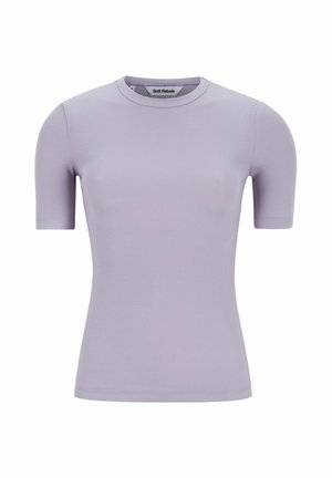 Ljuslila ribbad kortärmad topp med rund halsringning. Slät textur och figurnära passform, perfekt för lagerpåsättning eller avslappnad användning.