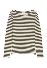Långärmad randig topp i olivgrön och vit. Mjuk tygkvalitet, bred halsringning, något avslappnad passform, med horisontella ränder av jämn bredd.