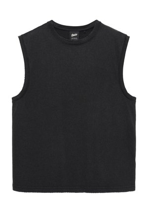 Zwart mouwloos spiertanktop met ronde halslijn en onafgewerkte armsgaten, effen ontwerp.