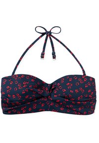 Marineblauwe bandeau bikini top met klein rood bloemenpatroon, gedraaide voorkant en verstelbare bandjes met zilveren gespen.