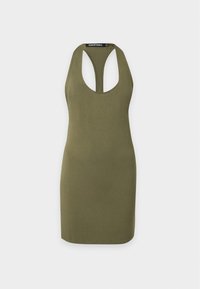 Φόρεμα bodycon χωρίς μανίκια σε ελιά πράσινο χρώμα με σχεδιασμό racerback, στρογγυλή λαιμόκοψη και μικρή ετικέτα μάρκας στο εσωτερικό του πίσω γιακά.