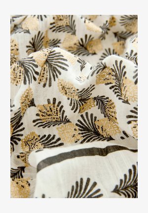 Leichter Stoff mit weißem Hintergrund und kunstvollen schwarzen und goldenen Blumenmustern, sanft gekräuselter Textur und schwarzem Rand.