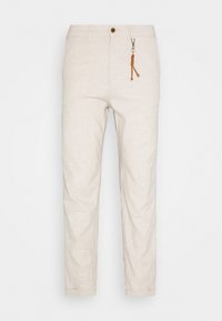 Beige linnebyxor med en avslappnad passform, med knappstängning, uppvikta nedre kanter och en dekorativ dragsko. Slät textur.