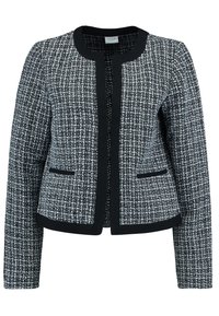 Czarna i biała marynarka z tweedu z okrągłym dekoltem, frontowymi kieszeniami i czarną lamówką. Całość zdobi teksturowany wzór.