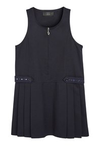 Marineblaues ärmelloses Kleid mit einem Reißverschluss vorne, plissiertem Rock und dekorativen Akzenten an der Taille mit blauen und lila Edelsteinen.