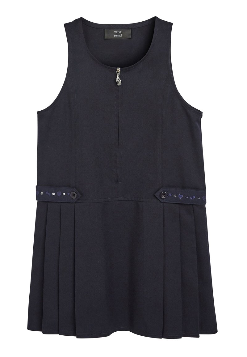 Marineblaues ärmelloses Kleid mit einem Reißverschluss vorne, plissiertem Rock und dekorativen Akzenten an der Taille mit blauen und lila Edelsteinen.
